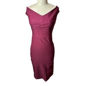 Vntg Belle Paque Burgundy Sleeveless Off The Shoulder Midi V-Neck Dress Womens S